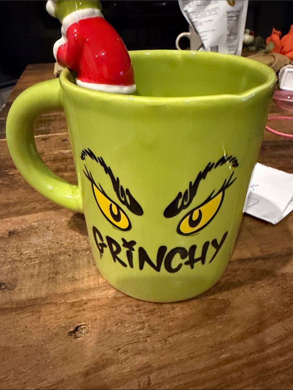 Grinchy Green Ceramic Mug with Yellow Eye Accent